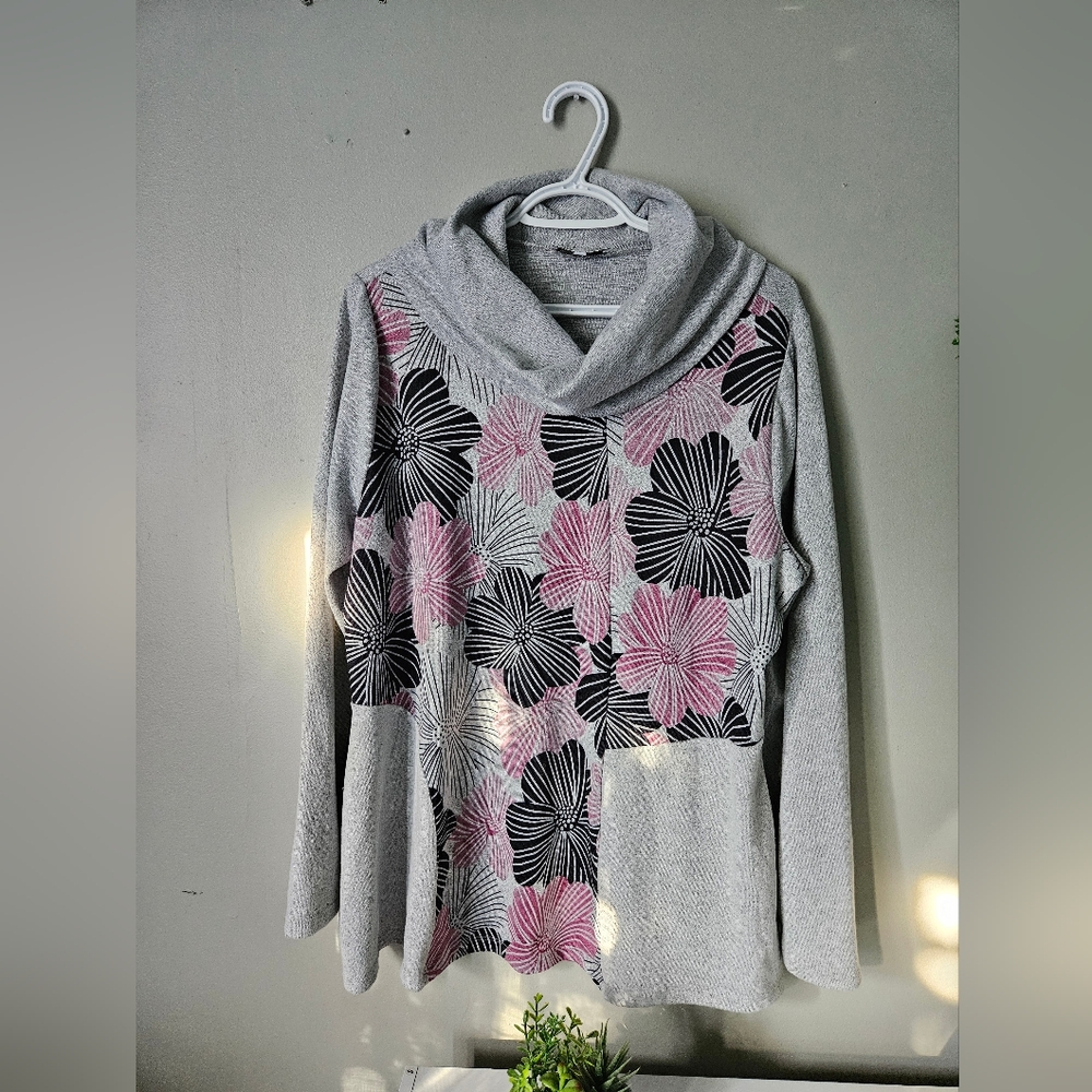 Cozy Gray and Pink Cowl Neck Sweater